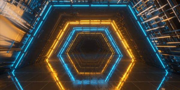 Futuristic colored hexagon is a metaphor for the HEXACO personality assessment.