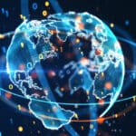 Digital illustration of a globe being encircled by information as a metaphor for global internet addiction.