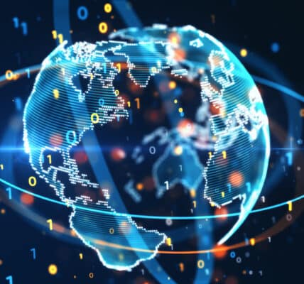 Digital illustration of a globe being encircled by information as a metaphor for global internet addiction.