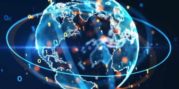 Digital illustration of a globe being encircled by information as a metaphor for global internet addiction.