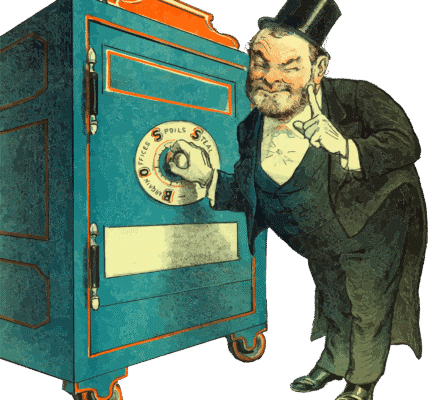 Vintage illustration of a man standing by a safe.