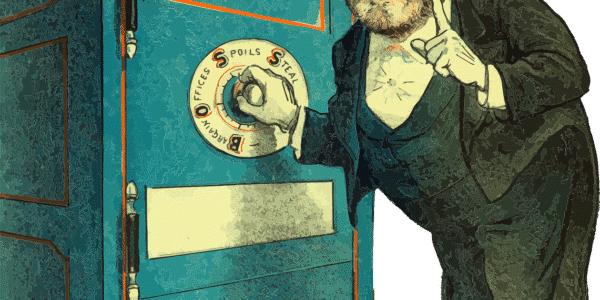 Vintage illustration of a man standing by a safe.