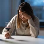 Photograph of a depressed mother with her head in her hand drinking wine.