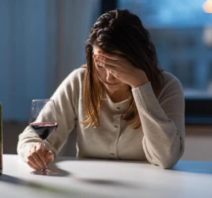 Photograph of a depressed mother with her head in her hand drinking wine.