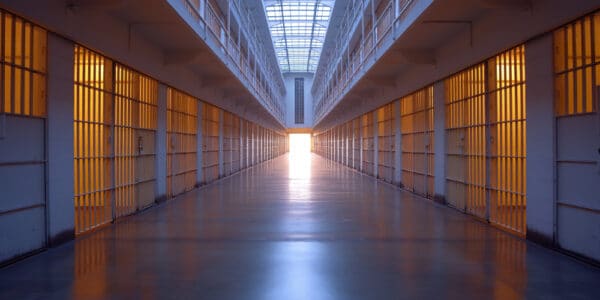Photo of an empty corridor in an empty jail.