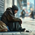 Photograph of a person who appears to be suffering homeless and shows signs of drug addiction.