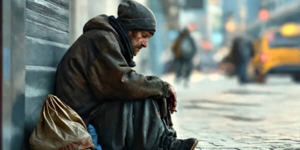 Photograph of a person who appears to be suffering homeless and shows signs of drug addiction.