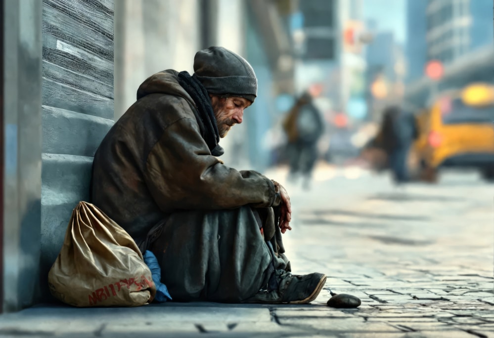 Photograph of a person who appears to be suffering homeless and shows signs of drug addiction.