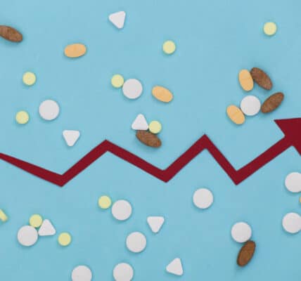 Image showing an economic growth chart amidst a background of pills symbolizing the growth of the addiction recovery economy.