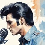An illustration of Elvis singing into the microphone.