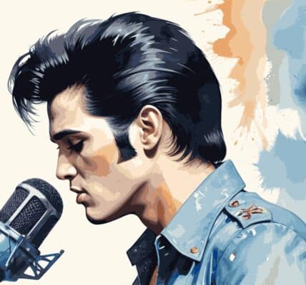 An illustration of Elvis singing into the microphone.