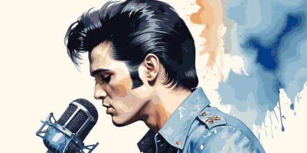 An illustration of Elvis singing into the microphone.