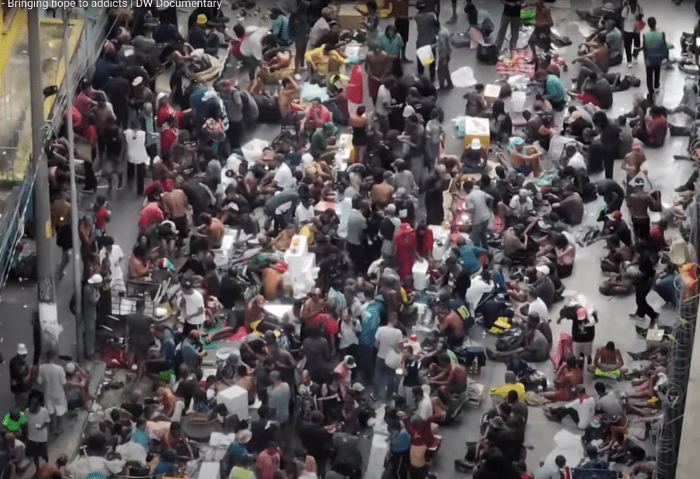 Image of the Fluxo open-air drug market in Sao Paulo, Brazil.