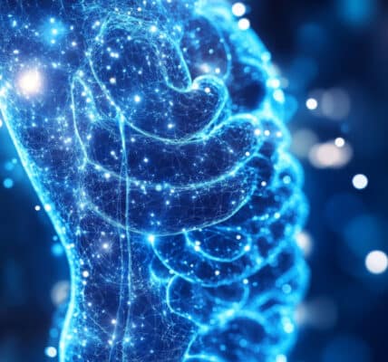 Computer illustration of a transparent human body showing the digestive system, a reference to the gut-brain connection.