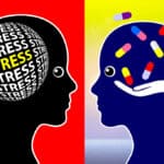 Illustration of outlines of two heads, the one on the left is full of the word "stress" and the one on the right is filled with medications.