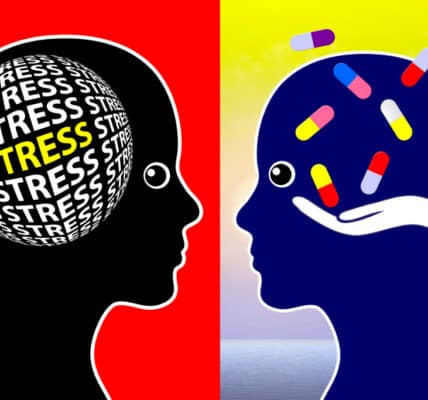 Illustration of outlines of two heads, the one on the left is full of the word "stress" and the one on the right is filled with medications.