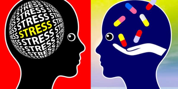 Illustration of outlines of two heads, the one on the left is full of the word "stress" and the one on the right is filled with medications.