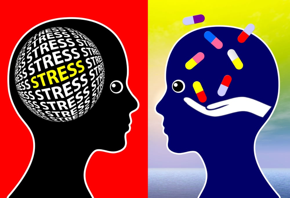 Illustration of outlines of two heads, the one on the left is full of the word "stress" and the one on the right is filled with medications.