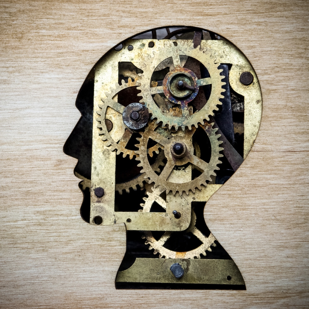 Illustration of a silhouette of the human head filled with gears, indicating the target of attentional bias modification.