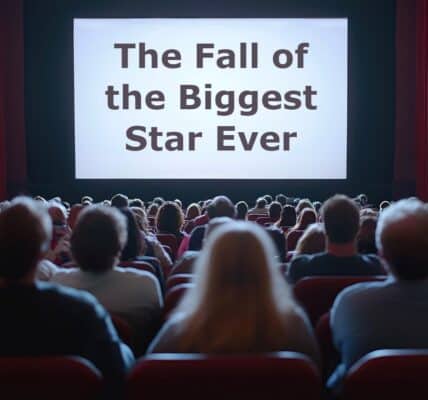 The view of the audience from the back and the screen that says, "The Fall of the Biggest Star Ever."