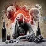 Illustration of a man sitting among alcohol and grapes, his brain exposed and swirling with addiction.