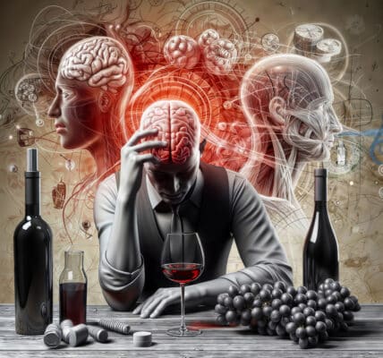 Illustration of a man sitting among alcohol and grapes, his brain exposed and swirling with addiction.