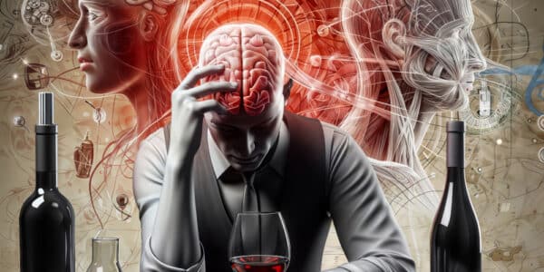 Illustration of a man sitting among alcohol and grapes, his brain exposed and swirling with addiction.