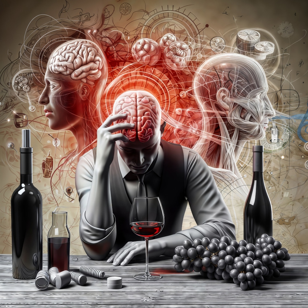 Illustration of a man sitting among alcohol and grapes, his brain exposed and swirling with addiction.