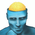 Illustration of a blue statue, similar to The Thinker, with the scull removed and the brain exposed.