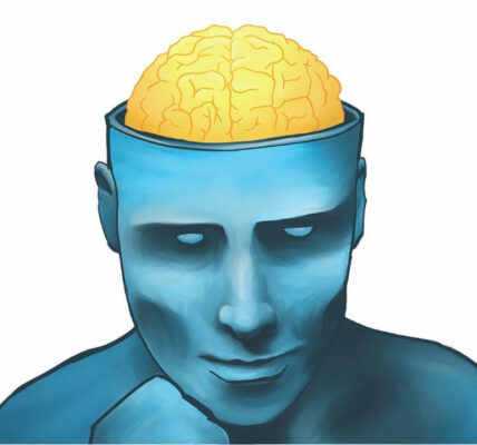 Illustration of a blue statue, similar to The Thinker, with the scull removed and the brain exposed.
