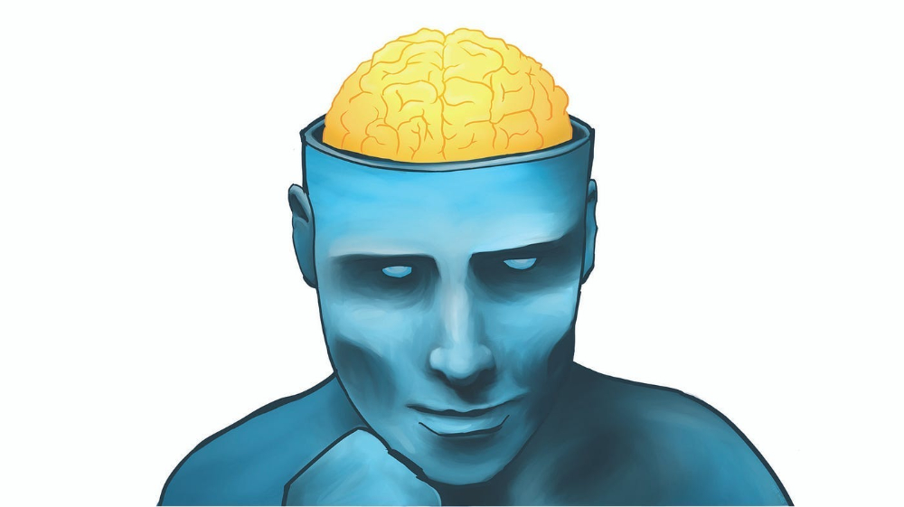 Illustration of a blue statue, similar to The Thinker, with the scull removed and the brain exposed.
