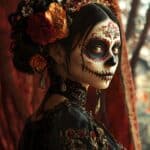 A woman in the Day of the Dead costume and makeup.