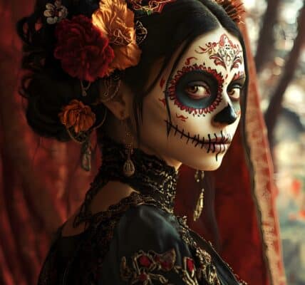 A woman in the Day of the Dead costume and makeup.