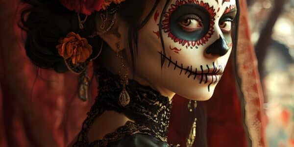 A woman in the Day of the Dead costume and makeup.