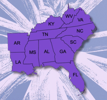 A map of the states included in the Southeast Addiction Recovery Coalition.