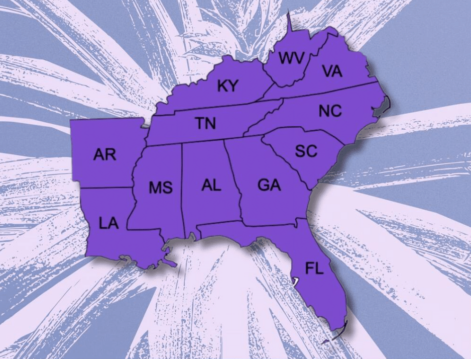 A map of the states included in the Southeast Addiction Recovery Coalition.