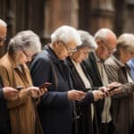 Photo of a line of senior citizens all staring down at their smartphones.