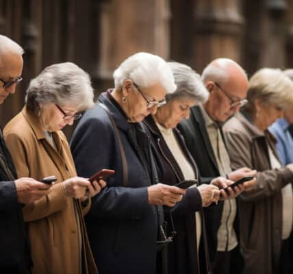 Photo of a line of senior citizens all staring down at their smartphones.