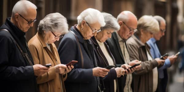 Photo of a line of senior citizens all staring down at their smartphones.