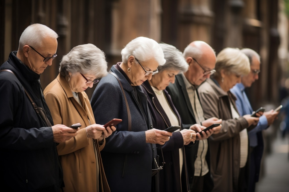 Photo of a line of senior citizens all staring down at their smartphones.