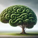 Illustration of a tree shaped with the folds of a human brain and brain stem.