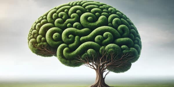 Illustration of a tree shaped with the folds of a human brain and brain stem.