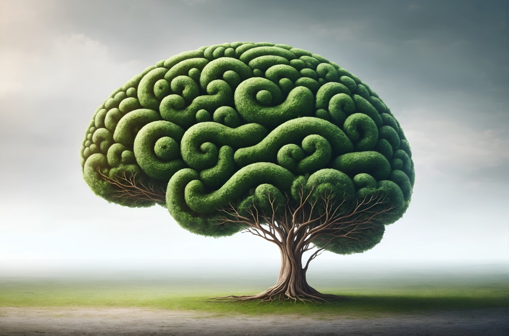 Illustration of a tree shaped with the folds of a human brain and brain stem.