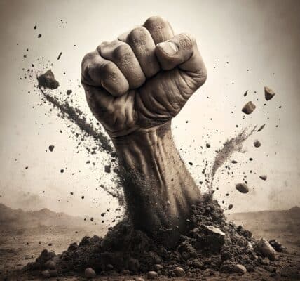 A man's fist coming out of the ground.