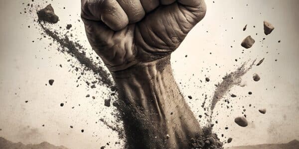 A man's fist coming out of the ground.