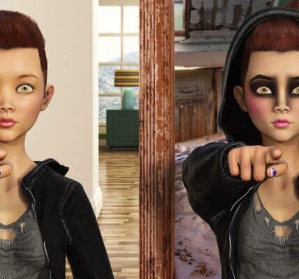 An AI-generated split-image illustration of a young woman inside and outside.