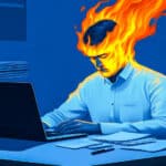Illustration of a man at a desk with a computer that appears to be causing his head to catch on fire, a metaphor for technology addiction.