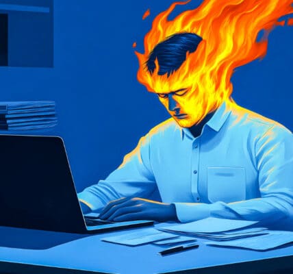 Illustration of a man at a desk with a computer that appears to be causing his head to catch on fire, a metaphor for technology addiction.