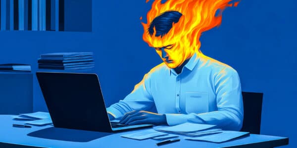 Illustration of a man at a desk with a computer that appears to be causing his head to catch on fire, a metaphor for technology addiction.
