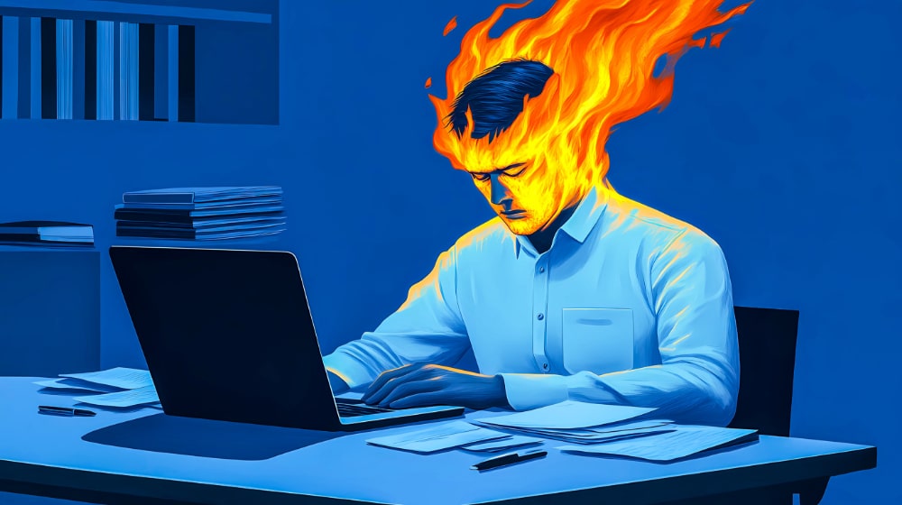 Illustration of a man at a desk with a computer that appears to be causing his head to catch on fire, a metaphor for technology addiction.